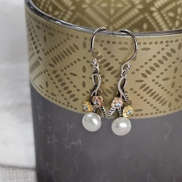 PZ Israel 925 Silver with Blue Topaz and Freshwater Pearls Drop Earrings - Picture 10 of 15